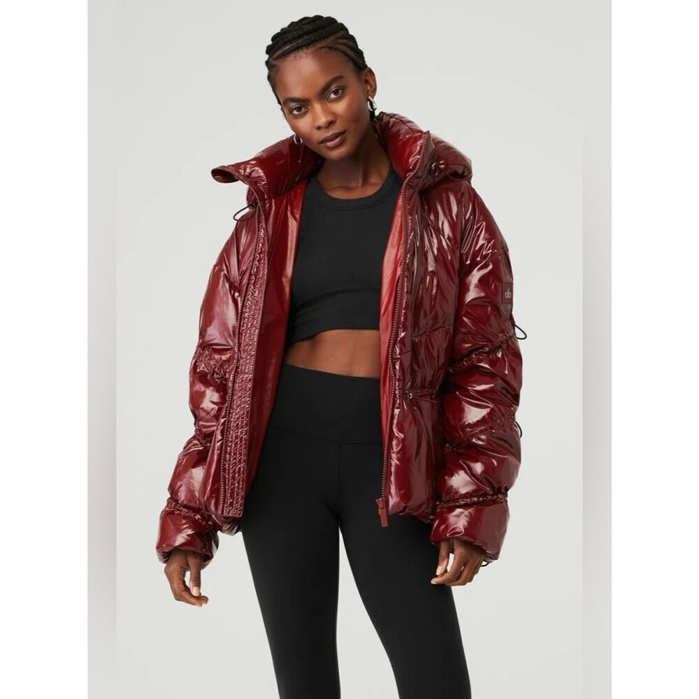 Alo Yoga Stunner Puffer Jacket In Glossy Cranberry Red Size Small Oversized Fit